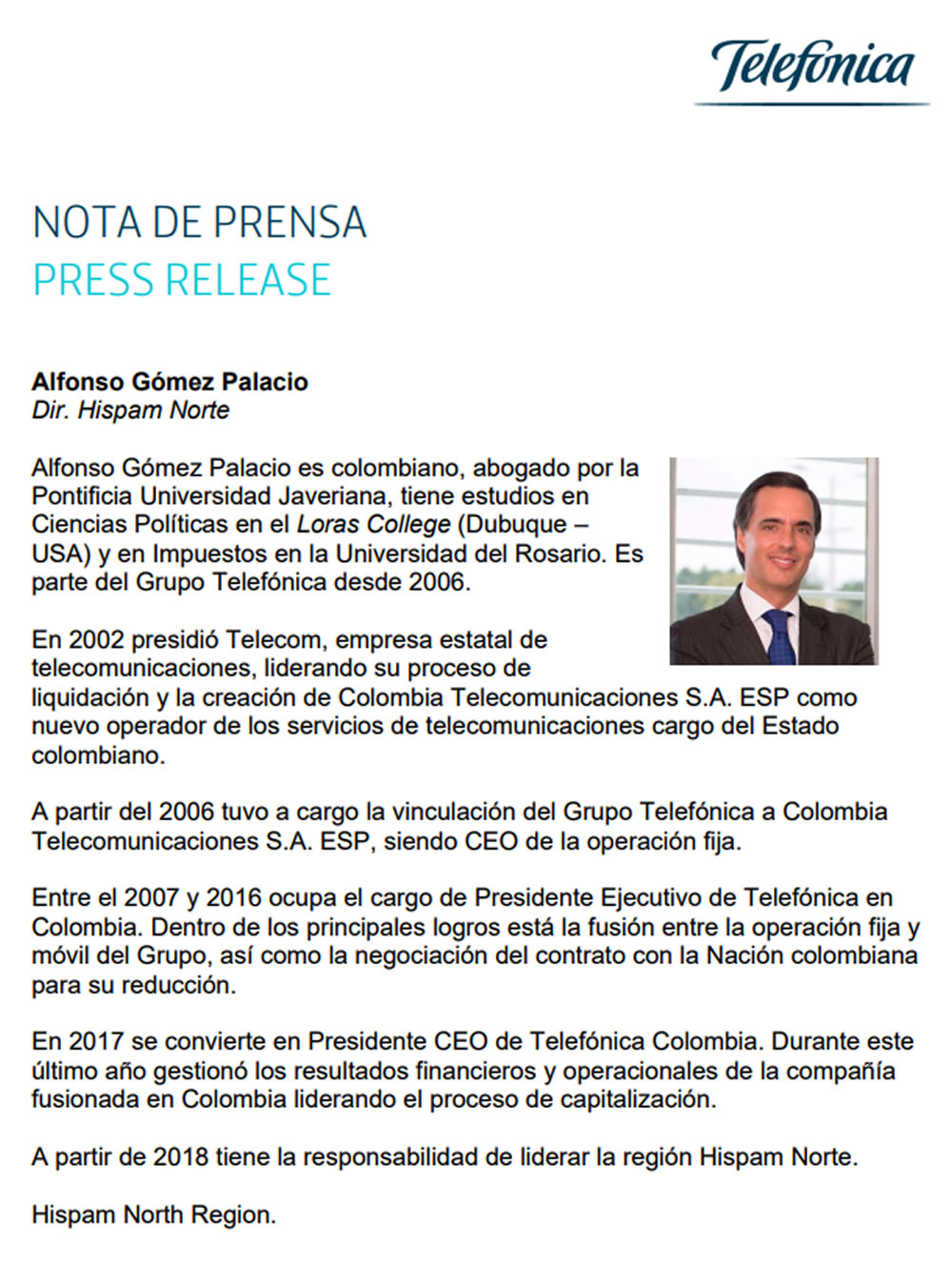 Alcance del nombramiento de Alfonso Gmez Palacio como CEO de Telefnica Latinoamrica Norte