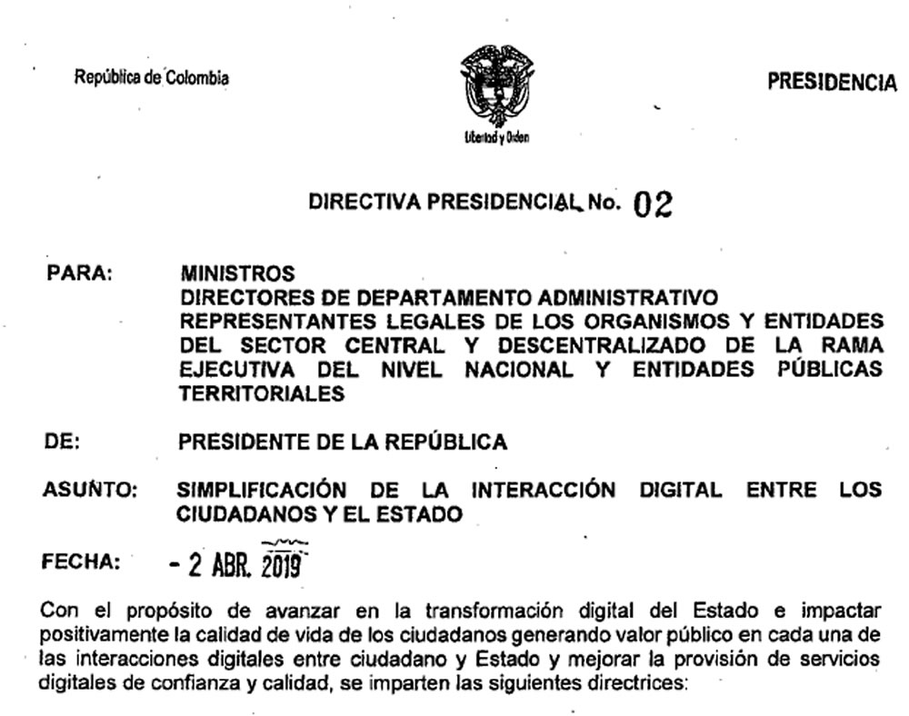 Directiva Presidencial 02 ordena que Portal nico del Estado Colombiano