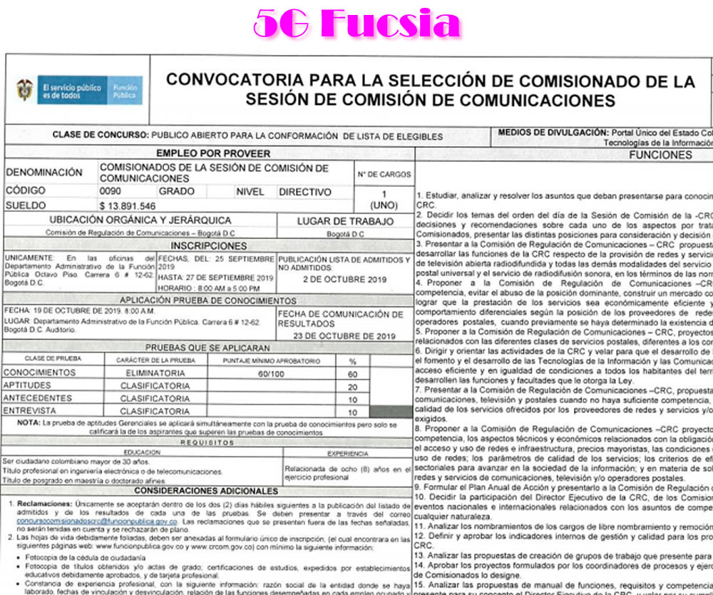 5G Fucsia – Abren convocatoria express por Comisionados para la CRC