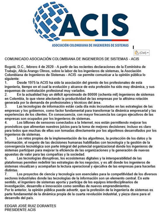 ACIS rechaza declaración de la exministra del Trabajo