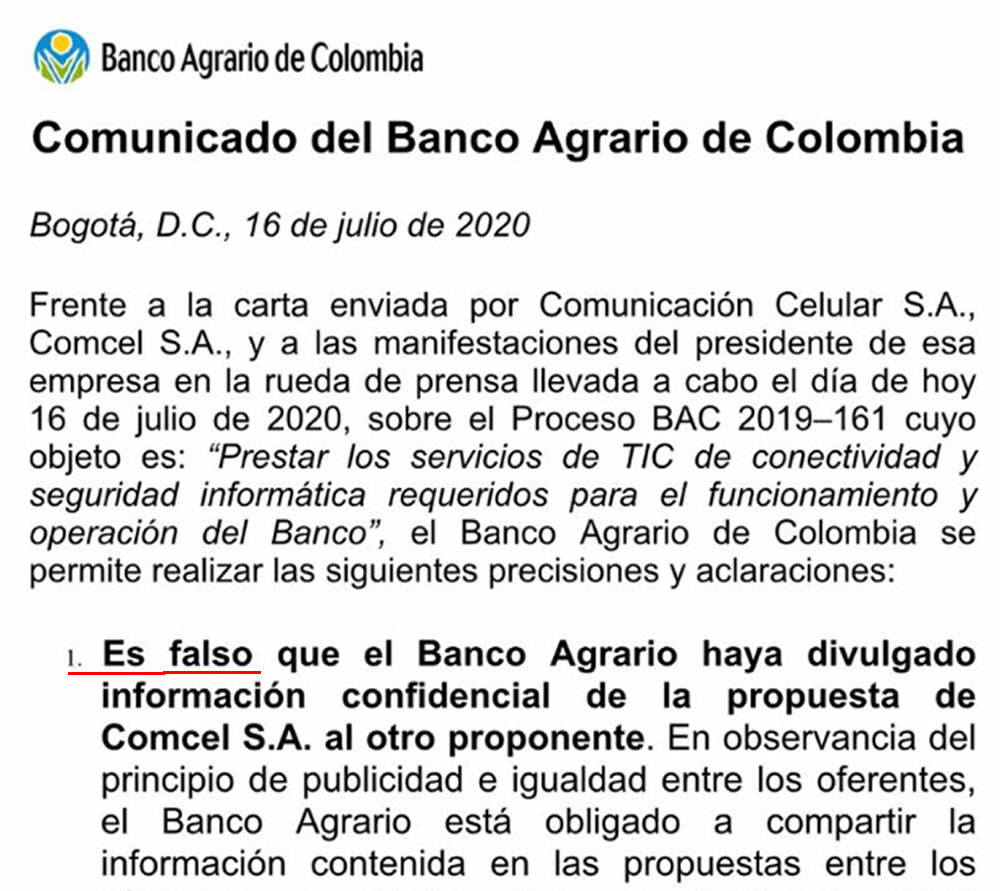 Ver nota:  Banco Agrario califica afirmaciones de Comcel Claro como falsas y temerarias