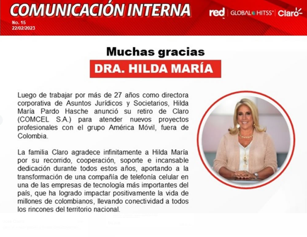 ACTUALIZADA - Se retira de Claro – Comcel Hilda María Pardo Hasche