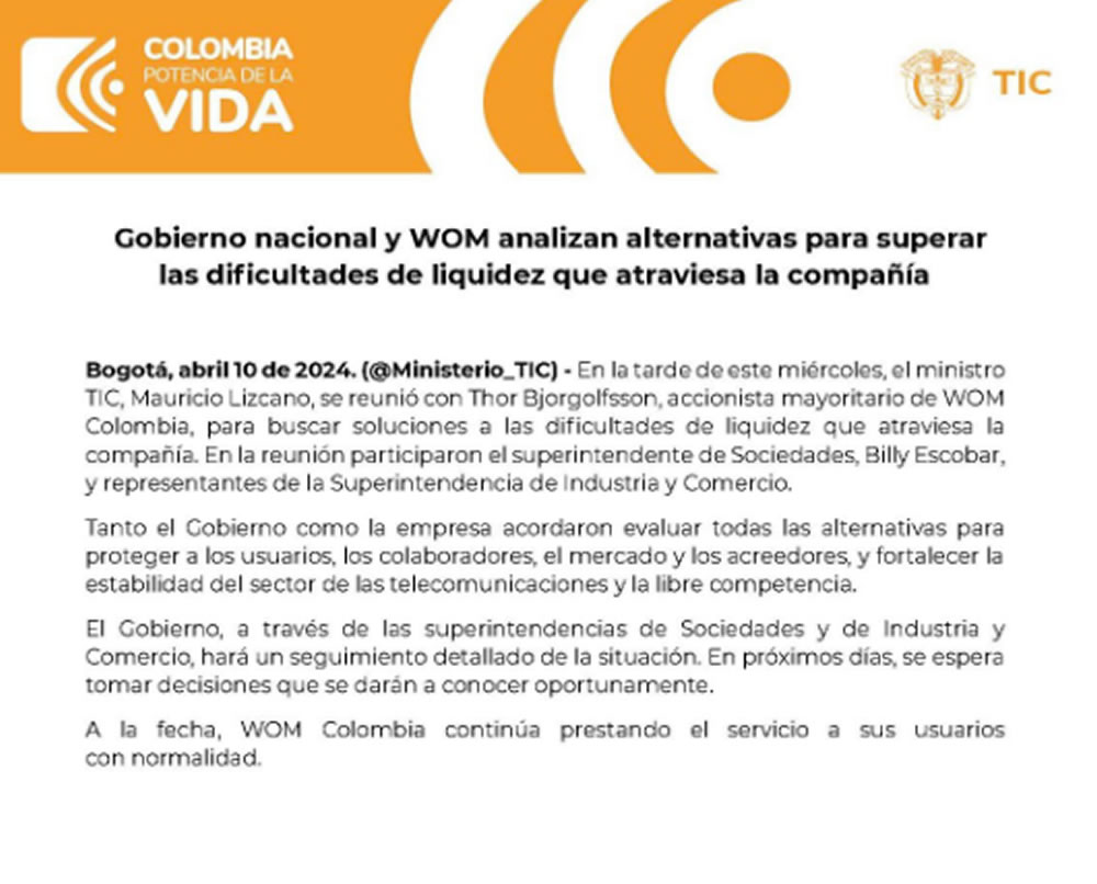 Gobierno de Colombia y Wom Colombia analizan soluciones para superar dificultades de liquidez