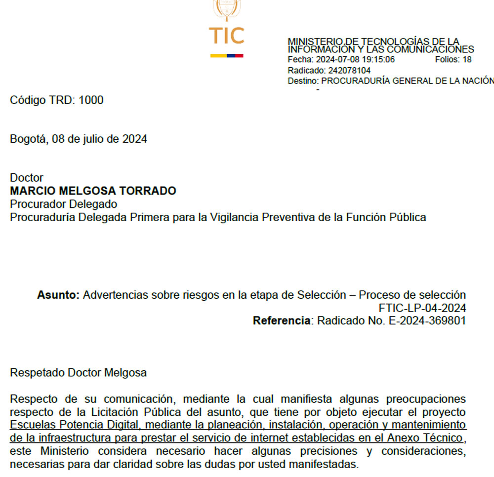 PRIMICIA - Carta de respuesta de ministro TIC a la Procurador Delegado 