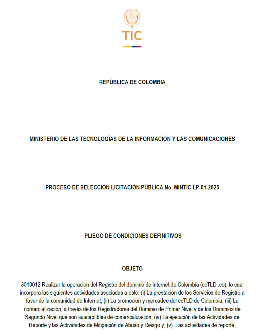 Pliegos definitivos de licitación para operación del dominio .CO