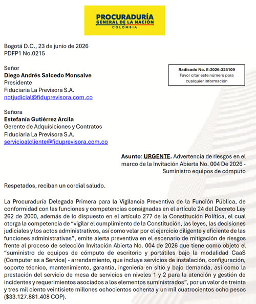 Procuradur�a emite alerta a Fiduprevisora por evaluaci�n 