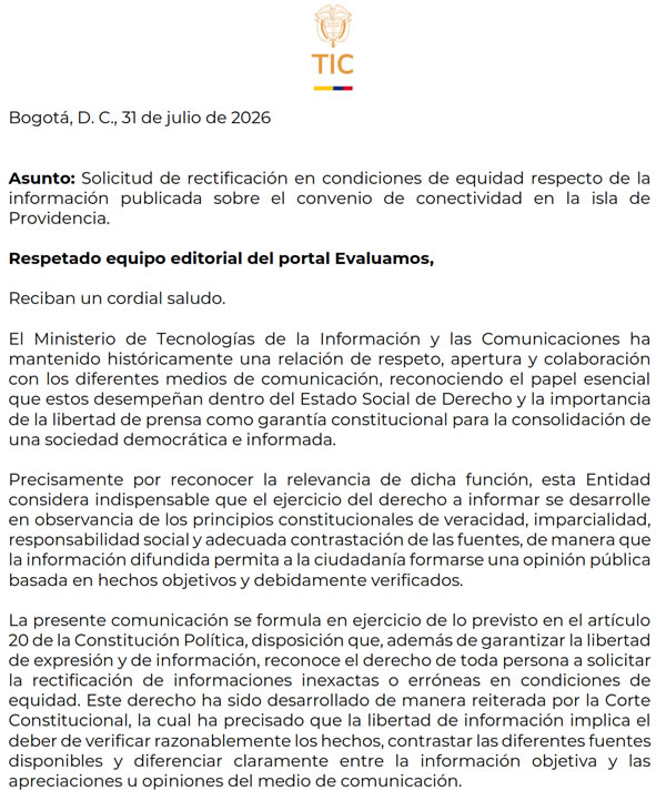 MinTIC presenta solicitud de rectificaci�n