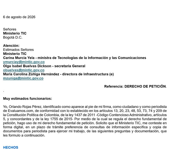 Derecho de Petici�n de informaci�n a MinTIC